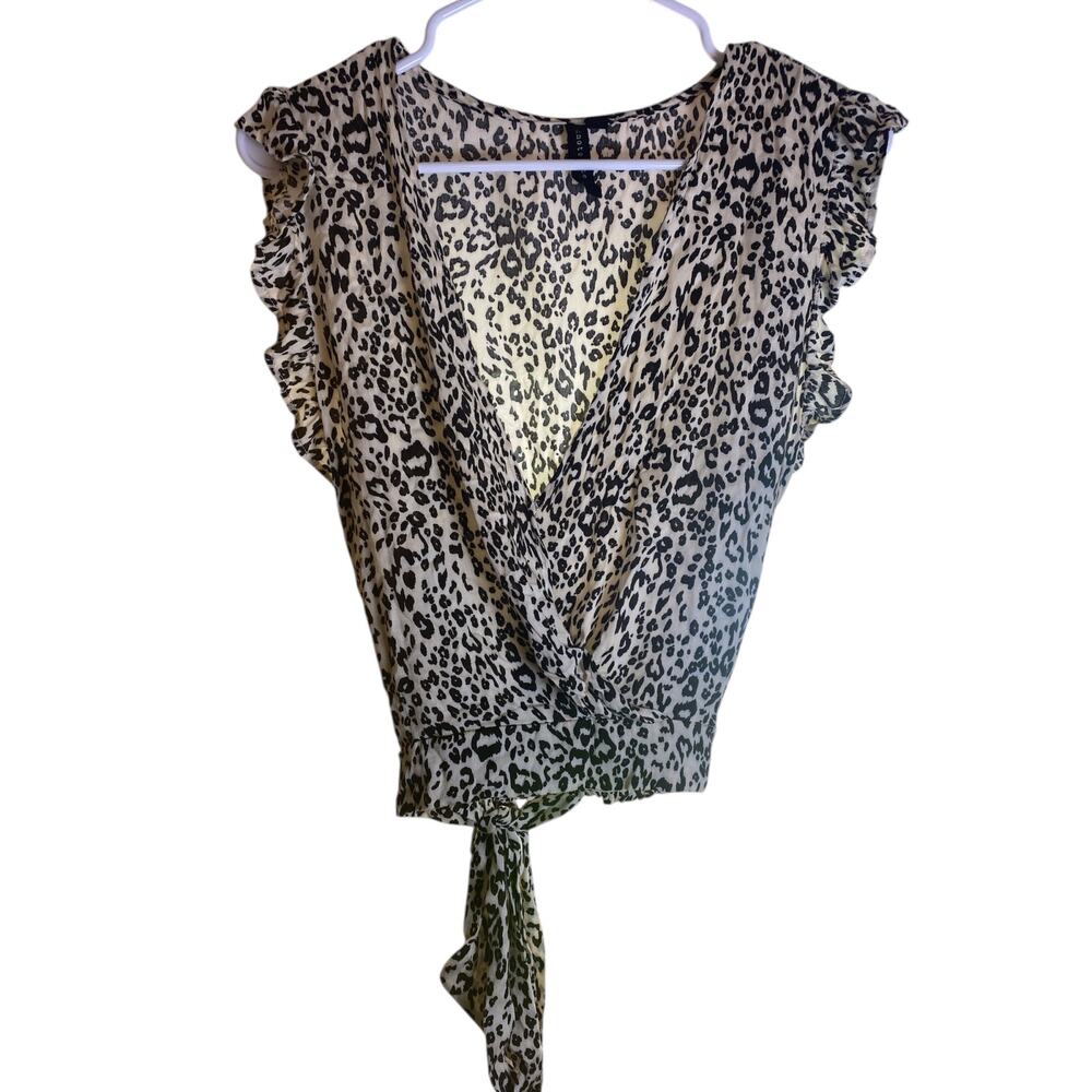 KnotSisters V-neck Cheetah Print blouse ruffle sleeves size L 100% Viscose